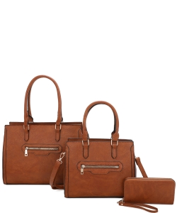 3 In1 Plain Zipper Satchel Bag with Bag and Wallet Set LF-22511 BROWN